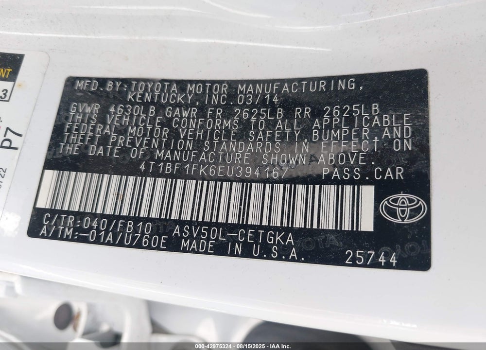 2014 TOYOTA CAMRY VIN: 4T1BF1FK6EU394167