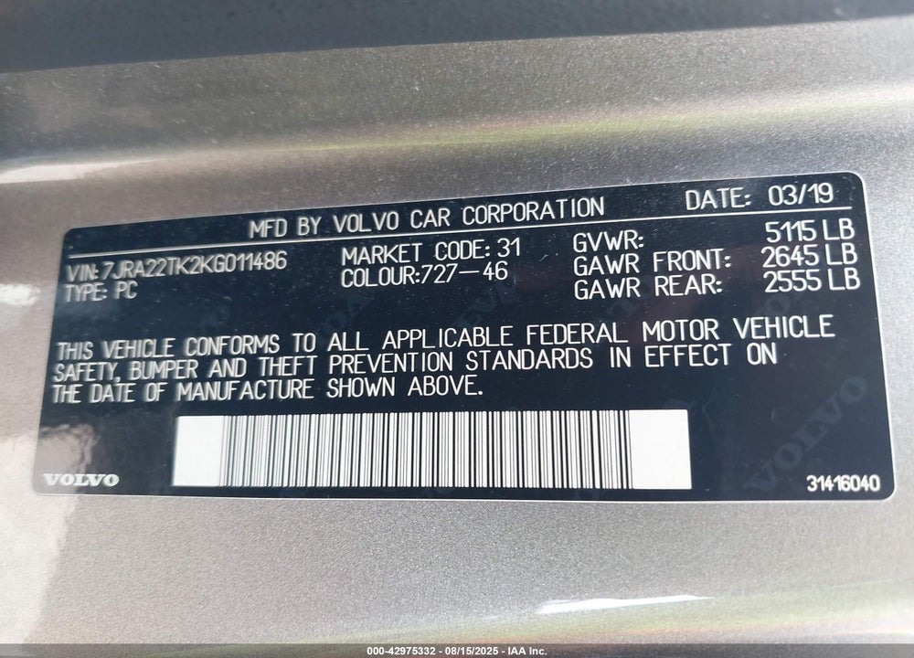 2019 VOLVO S60 VIN: 7JRA22TK2KG011486