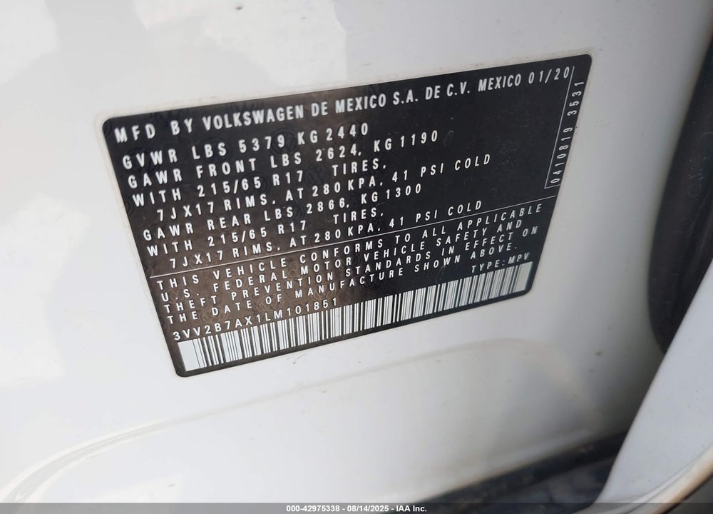 2020 VOLKSWAGEN TIGUAN VIN: 3VV2B7AX1LM101851