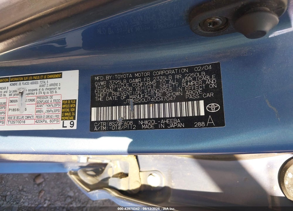 2004 TOYOTA PRIUS VIN: JTDKB20U740047047