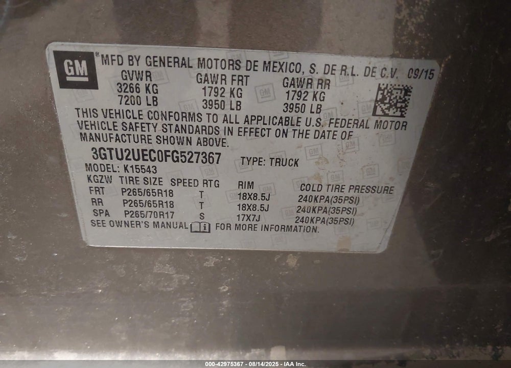 2015 GMC SIERRA 1500 VIN: 3GTU2UEC0FG527367