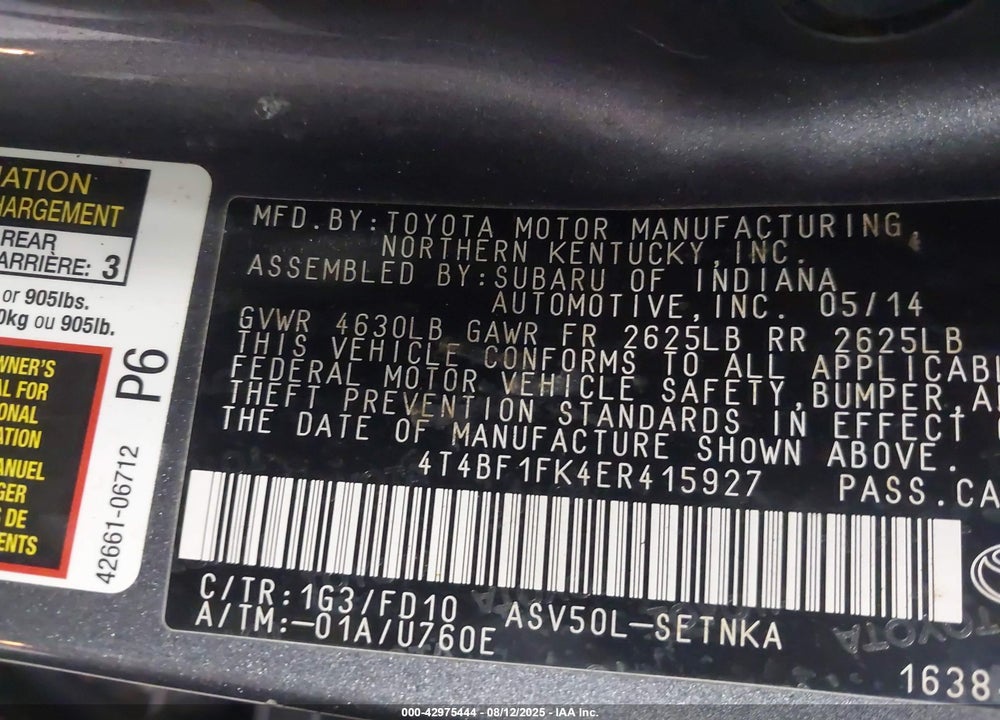 2014 TOYOTA CAMRY VIN: 4T4BF1FK4ER415927