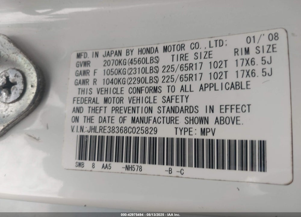 2008 HONDA CR-V LX VIN: JHLRE38368C025829