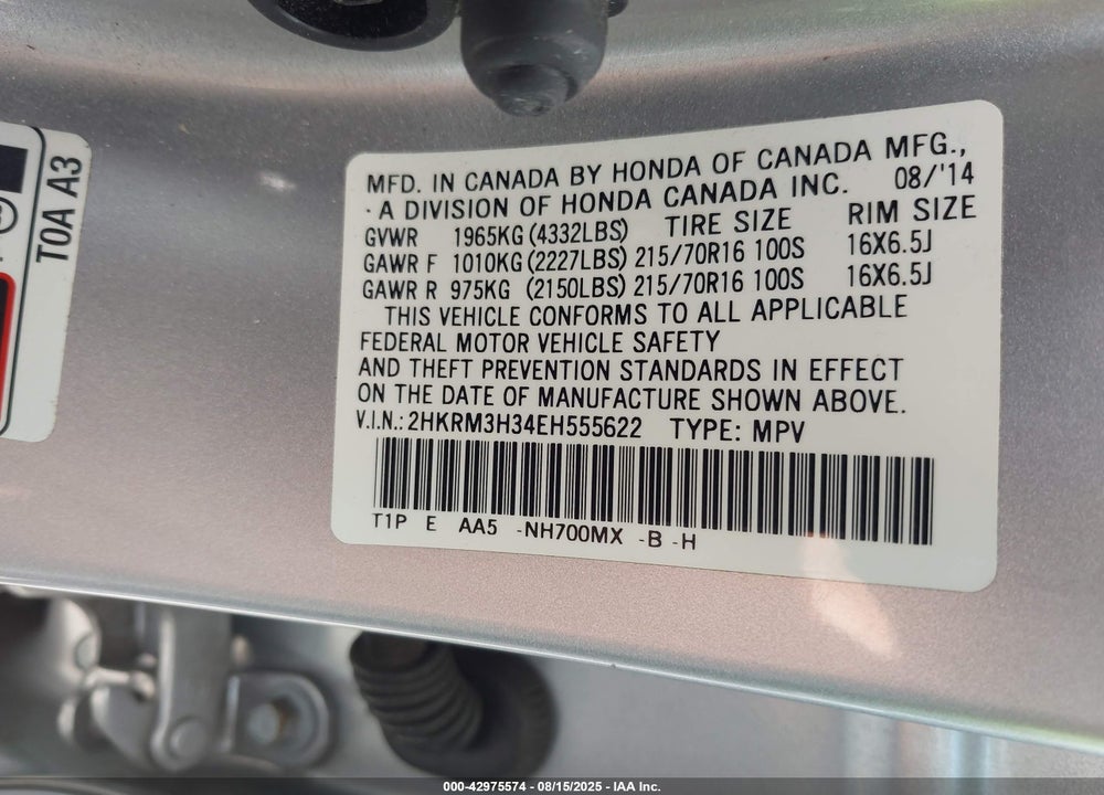 2014 HONDA CR-V LX VIN: 2HKRM3H34EH555622