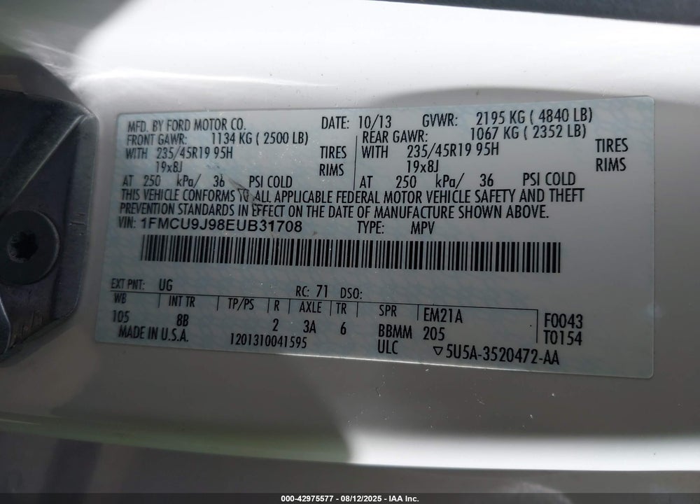 2014 FORD ESCAPE VIN: 1FMCU9J98EUB31708