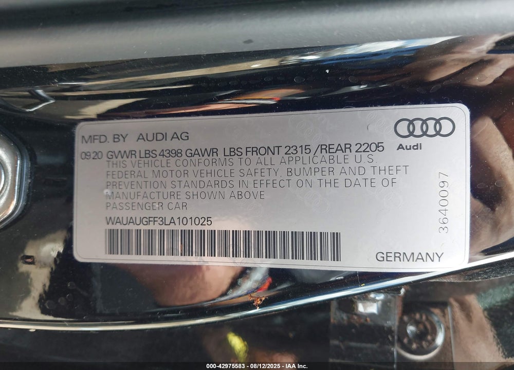 2020 AUDI A3 VIN: WAUAUGFF3LA101025