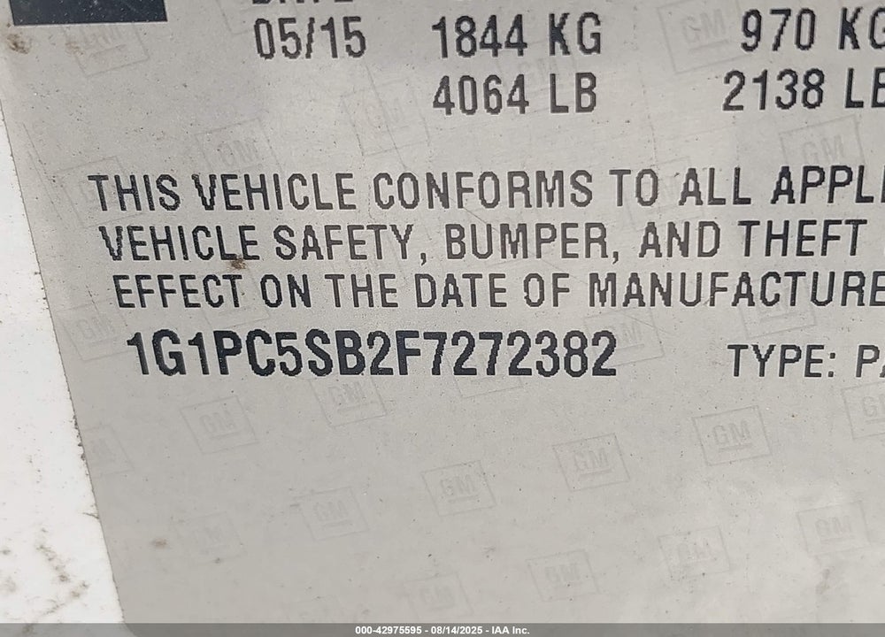 2015 CHEVROLET CRUZE VIN: 1G1PC5SB2F7272382