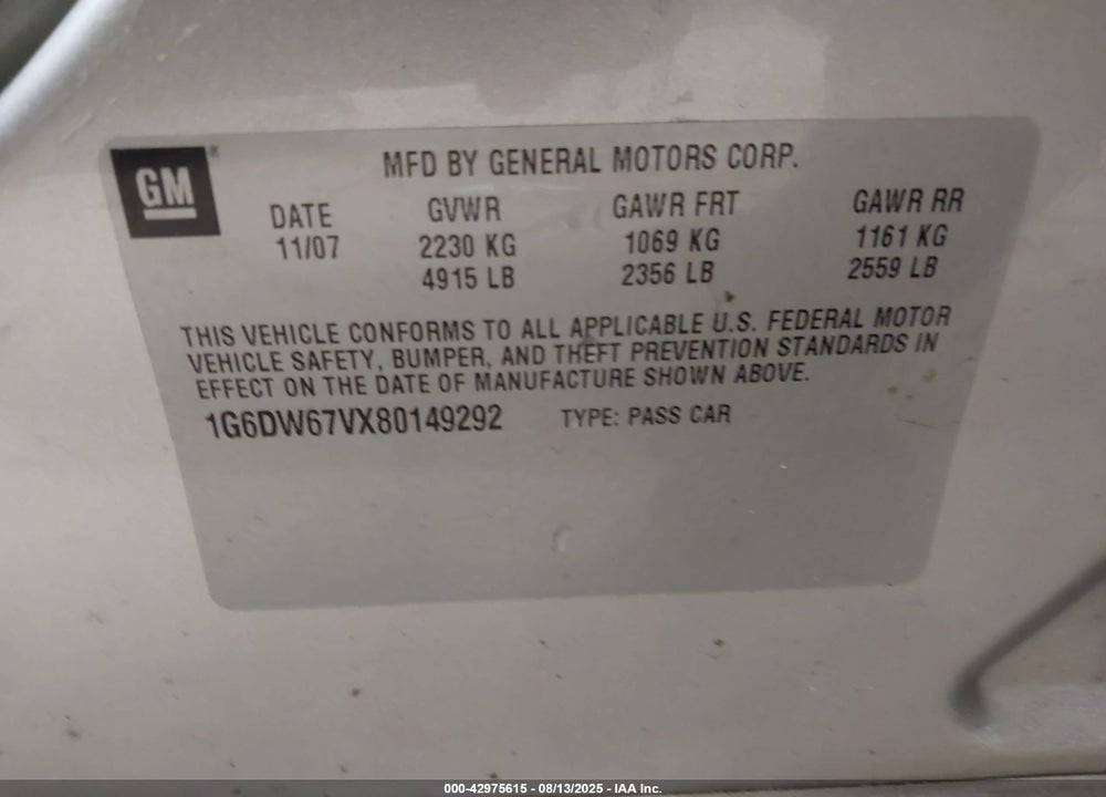 2008 CADILLAC STS V6 VIN: 1G6DW67VX80149292