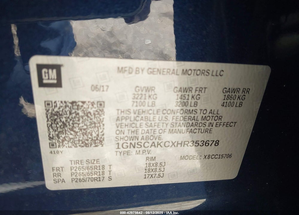 2017 CHEVROLET TAHOE VIN: 1GNSCAKCXHR353678