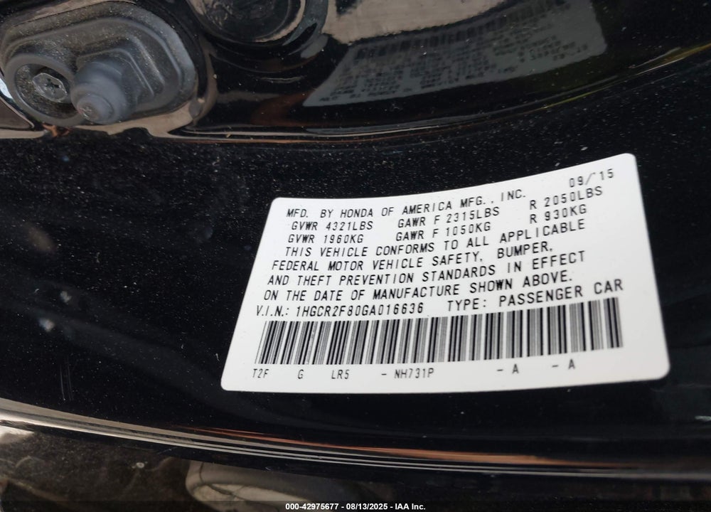 2016 HONDA ACCORD VIN: 1HGCR2F80GA016636