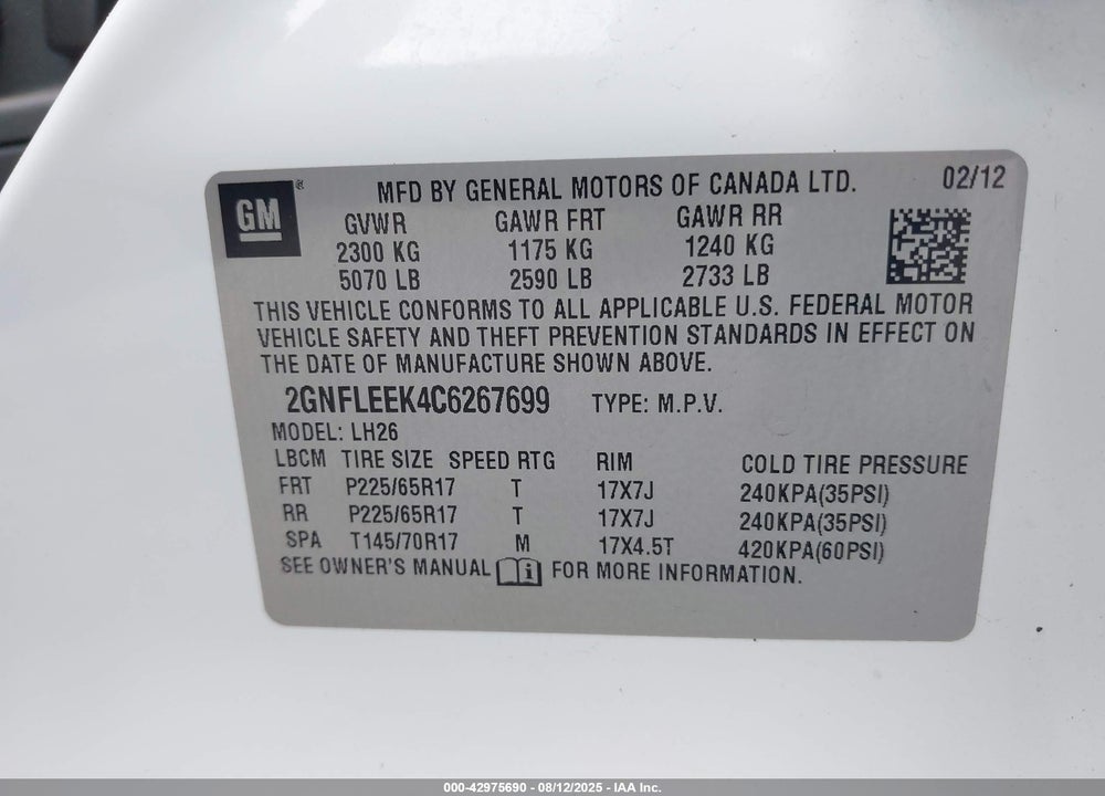 2012 CHEVROLET EQUINOX VIN: 2GNFLEEK4C6267699