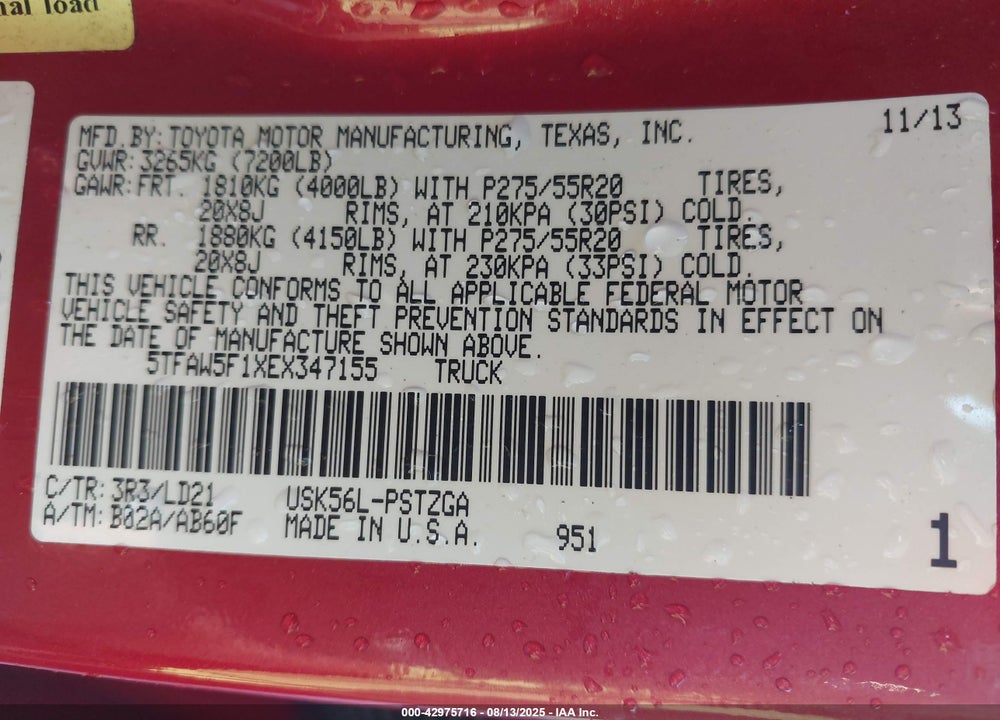 2014 TOYOTA TUNDRA VIN: 5TFAW5F1XEX347155