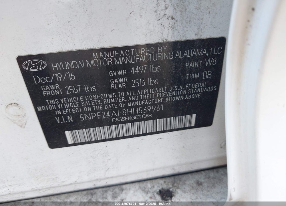 2017 HYUNDAI SONATA VIN: 5NPE24AF8HH539961