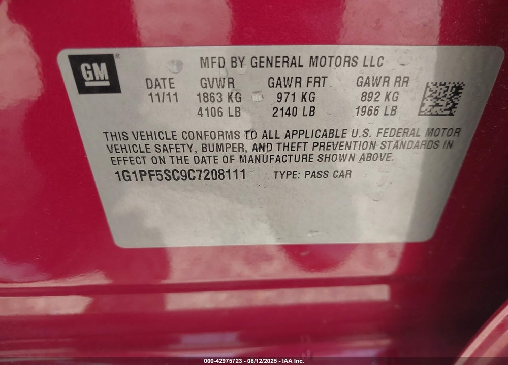 2012 CHEVROLET CRUZE 1LT VIN: 1G1PF5SC9C7208111