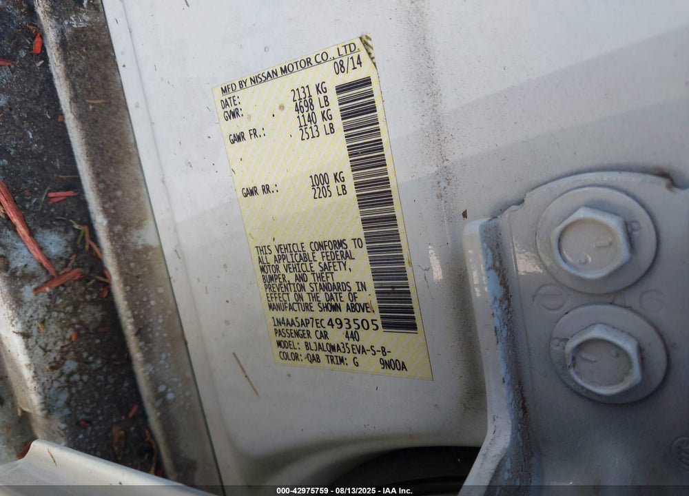 2014 NISSAN MAXIMA VIN: 1N4AA5AP7EC493505