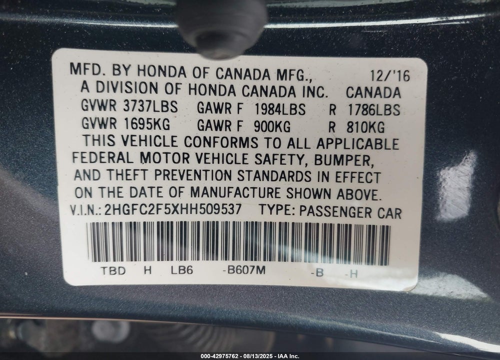 2017 HONDA CIVIC VIN: 2HGFC2F5XHH509537