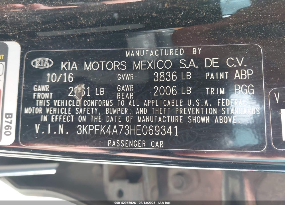 2017 KIA FORTE LX VIN: 3KPFK4A73HE069341
