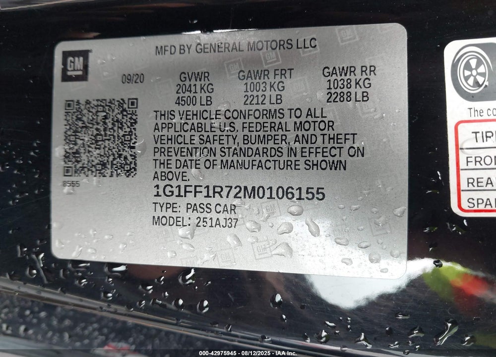 2021 CHEVROLET CAMARO VIN: 1G1FF1R72M0106155