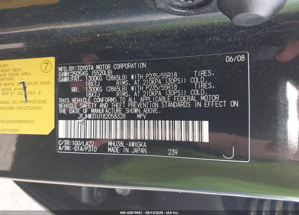 2008 LEXUS RX 400H VIN: JTJHW31U182058328