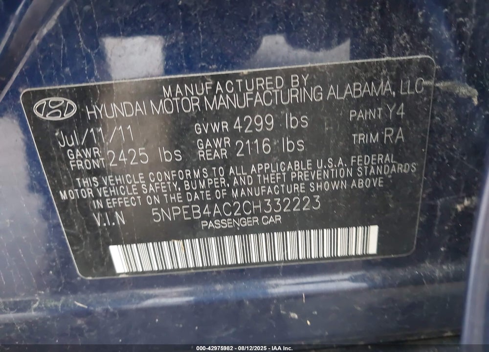 2012 HYUNDAI SONATA VIN: 5NPEB4AC2CH332223