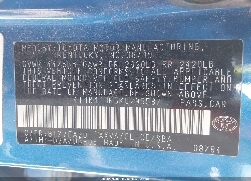 2019 TOYOTA CAMRY VIN: 4T1B11HK5KU295587