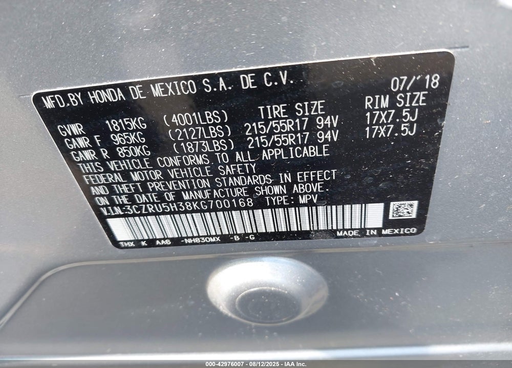 2019 HONDA HR-V VIN: 3CZRU5H38KG700168