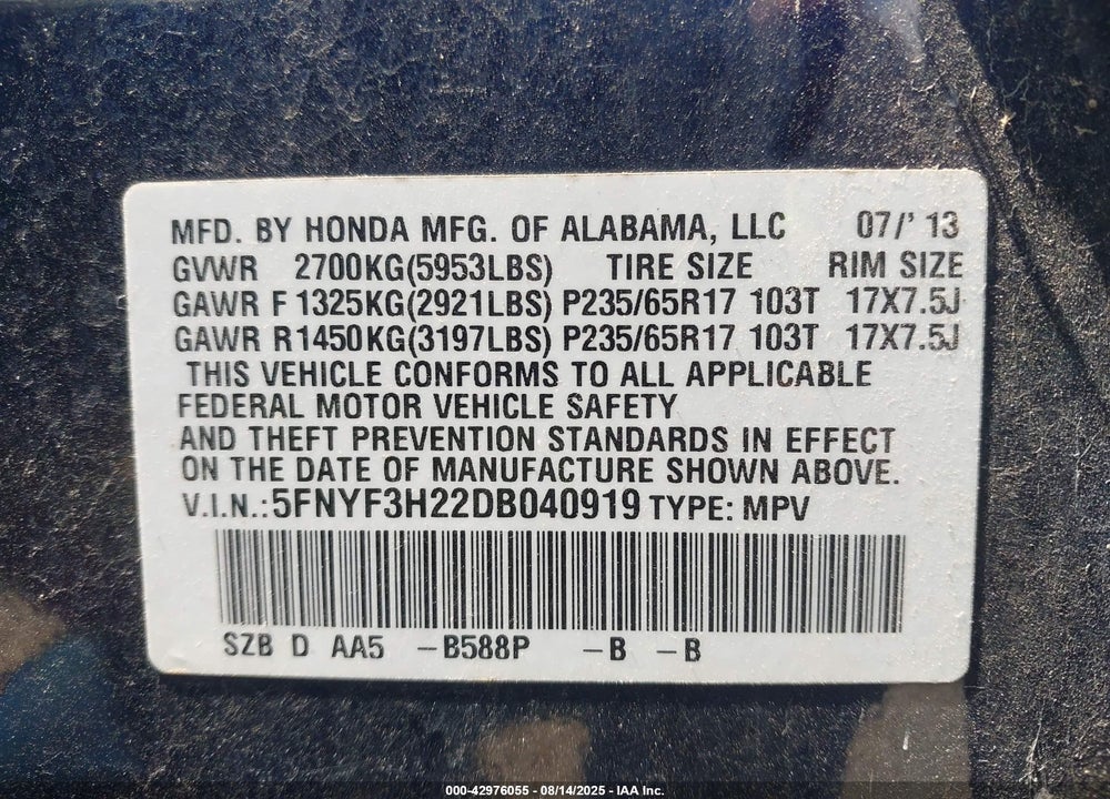 2013 HONDA PILOT VIN: 5FNYF3H22DB040919