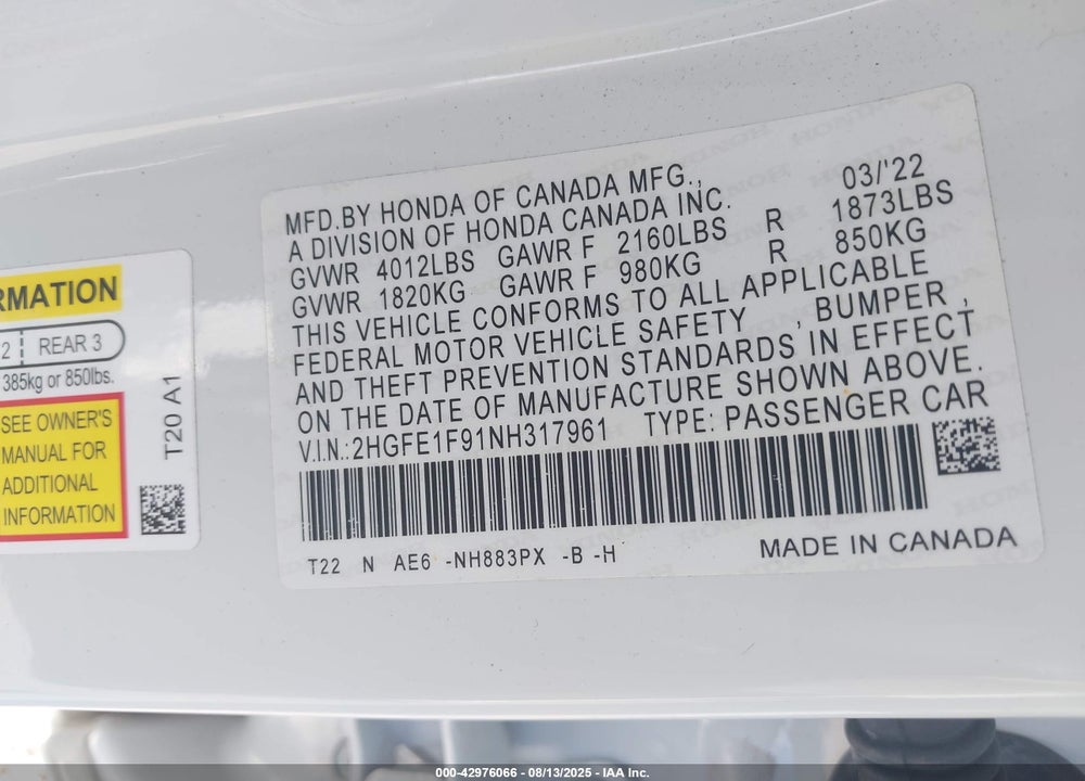 2022 HONDA CIVIC TOURING VIN: 2HGFE1F91NH317961