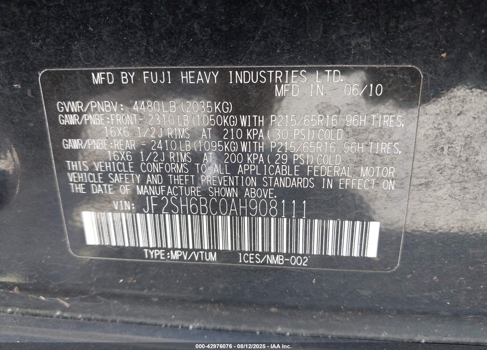 2010 SUBARU FORESTER VIN: JF2SH6BC0AH908111