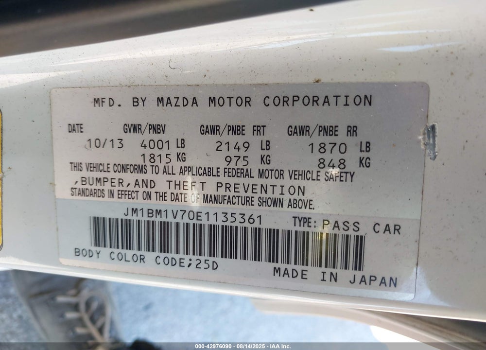 2014 MAZDA 3 I TOURING VIN: JM1BM1V70E1135361