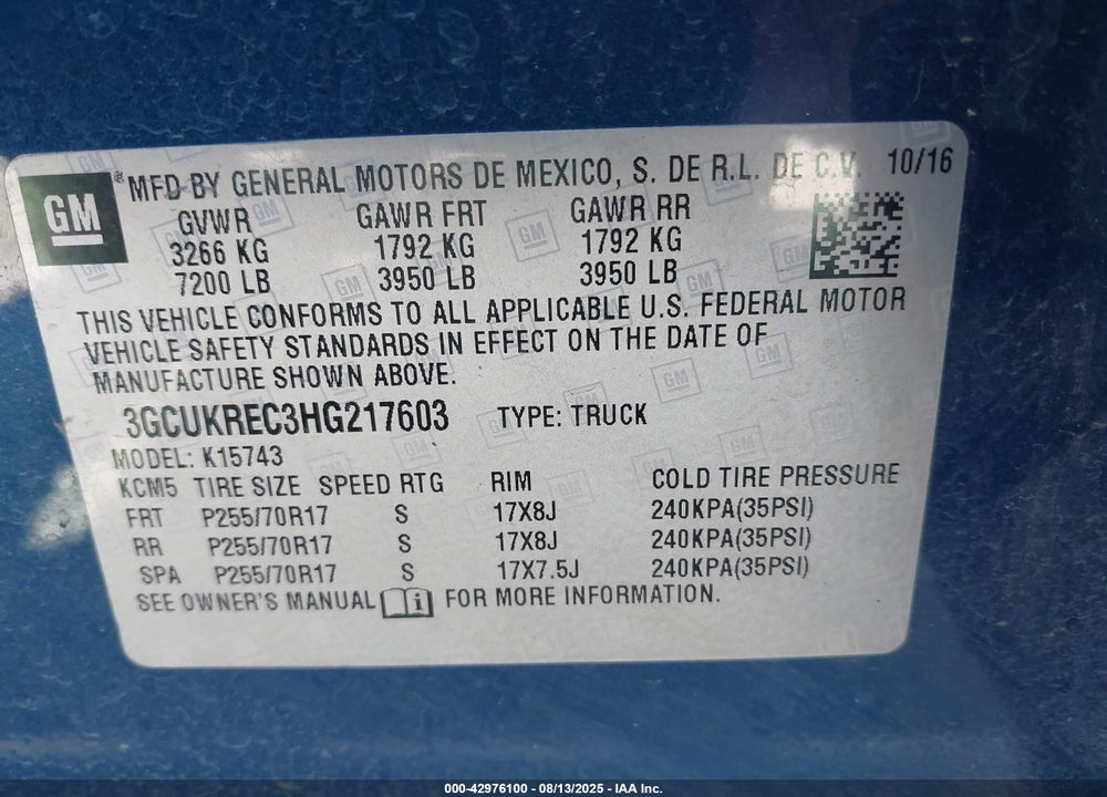 2017 CHEVROLET SILVERADO 1500 VIN: 3GCUKREC3HG217603