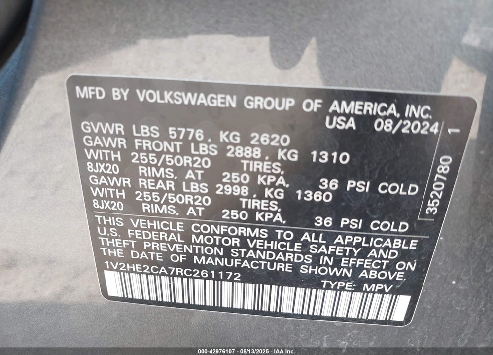 2024 VOLKSWAGEN ATLAS CROSS SPORT VIN: 1V2HE2CA7RC261172