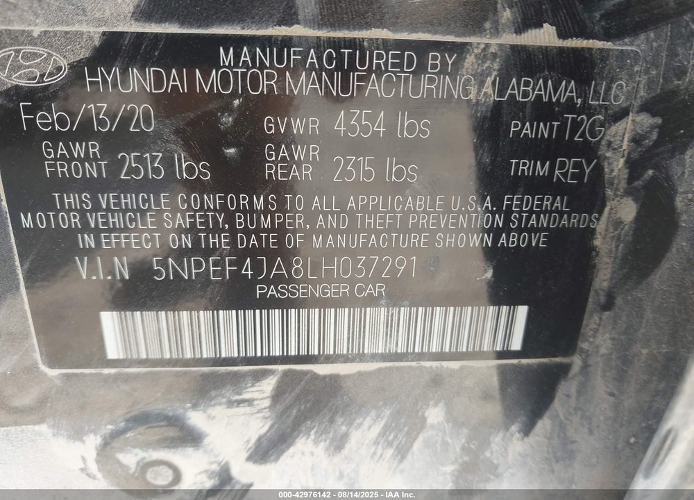 2020 HYUNDAI SONATA VIN: 5NPEF4JA8LH037291