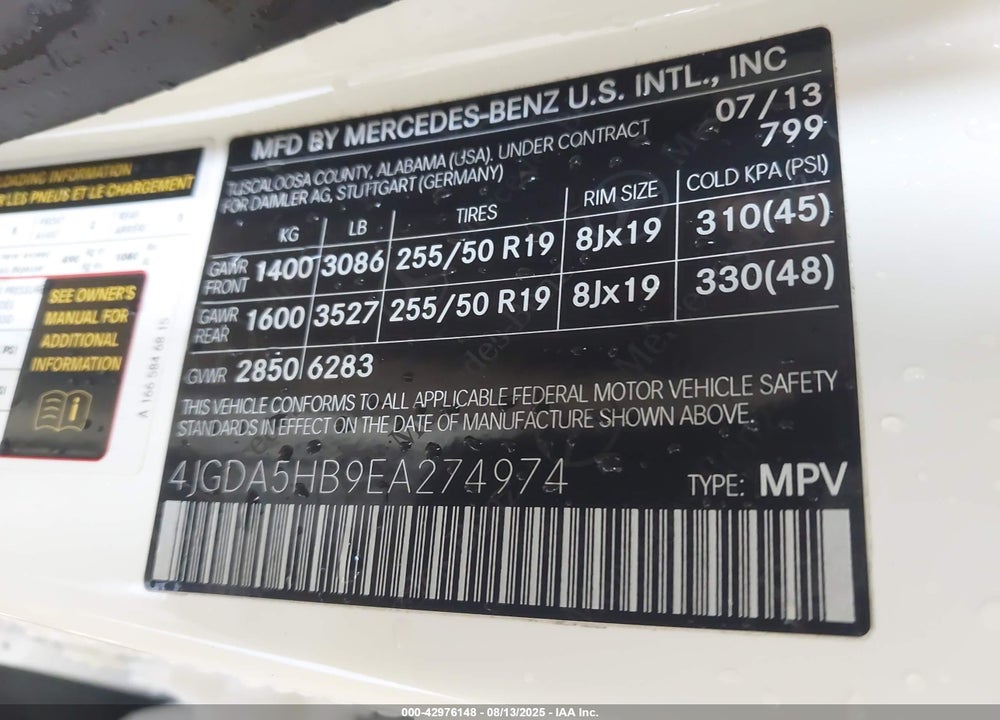 2014 MERCEDES-BENZ ML-CLASS VIN: 4JGDA5HB9EA274974