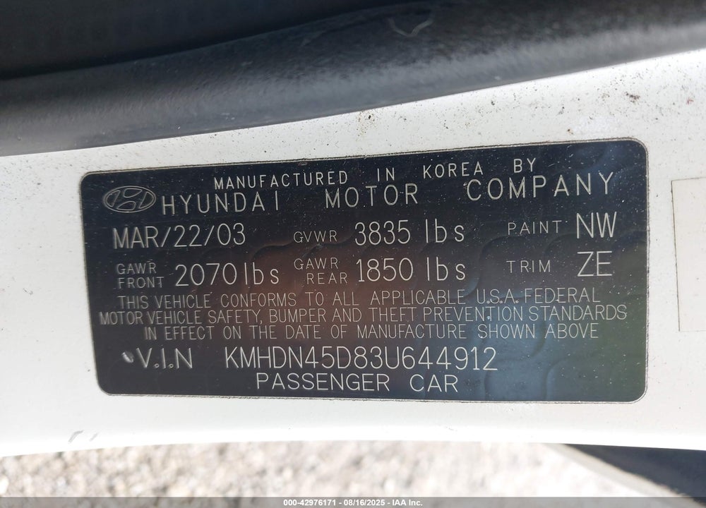 2003 HYUNDAI ELANTRA GLS/GT VIN: KMHDN45D83U644912