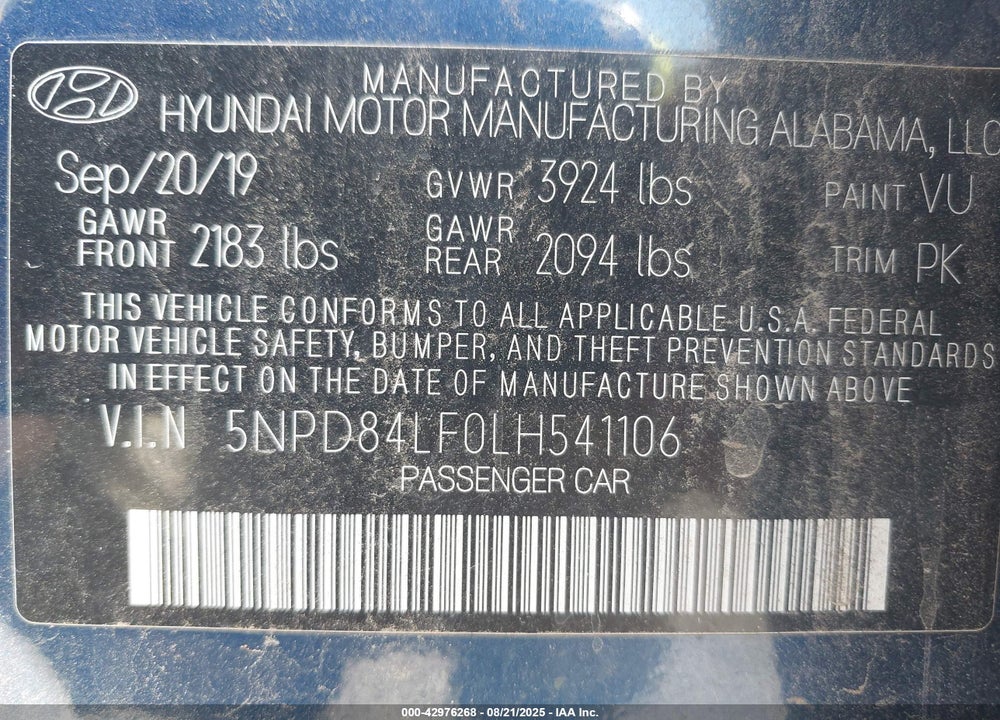 2020 HYUNDAI ELANTRA VIN: 5NPD84LF0LH541106