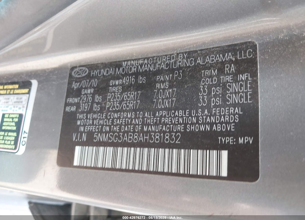 2010 HYUNDAI SANTA FE GLS VIN: 5NMSG3AB8AH381832