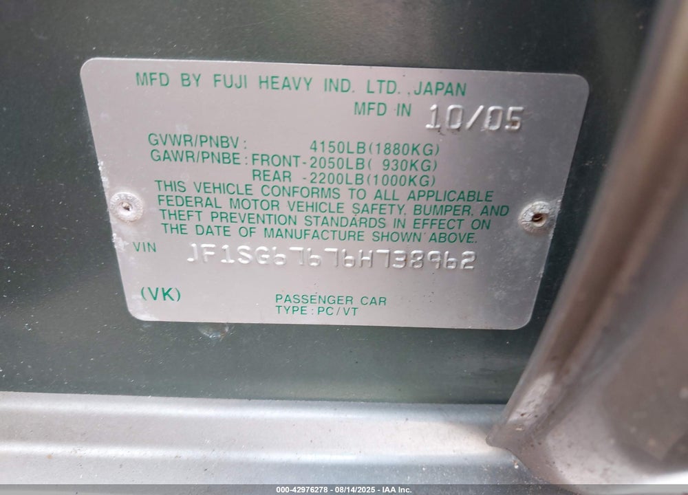 2006 SUBARU FORESTER 2.5X L.L. BEAN EDITION VIN: JF1SG67676H738962