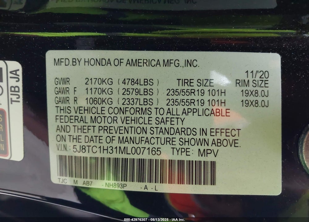 2021 ACURA RDX VIN: 5J8TC1H31ML007165