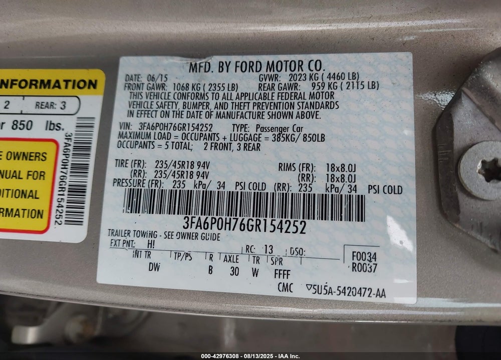 2016 FORD FUSION VIN: 3FA6P0H76GR154252