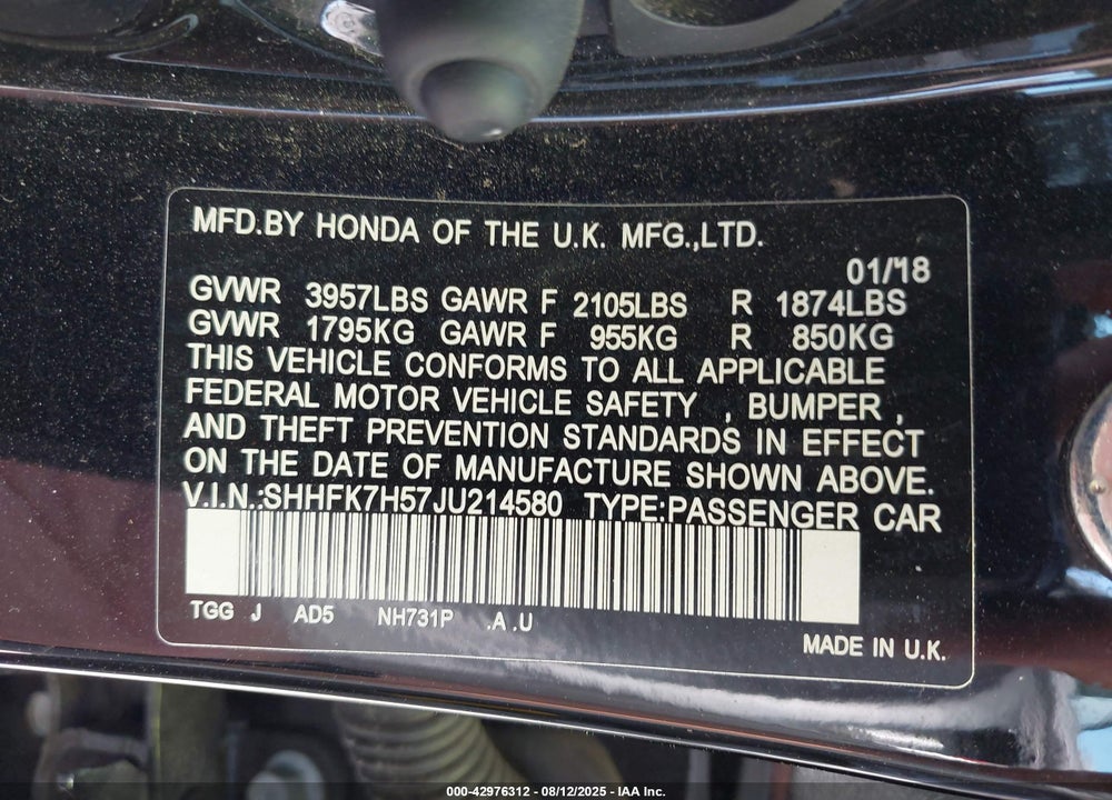 2018 HONDA CIVIC EX VIN: SHHFK7H57JU214580
