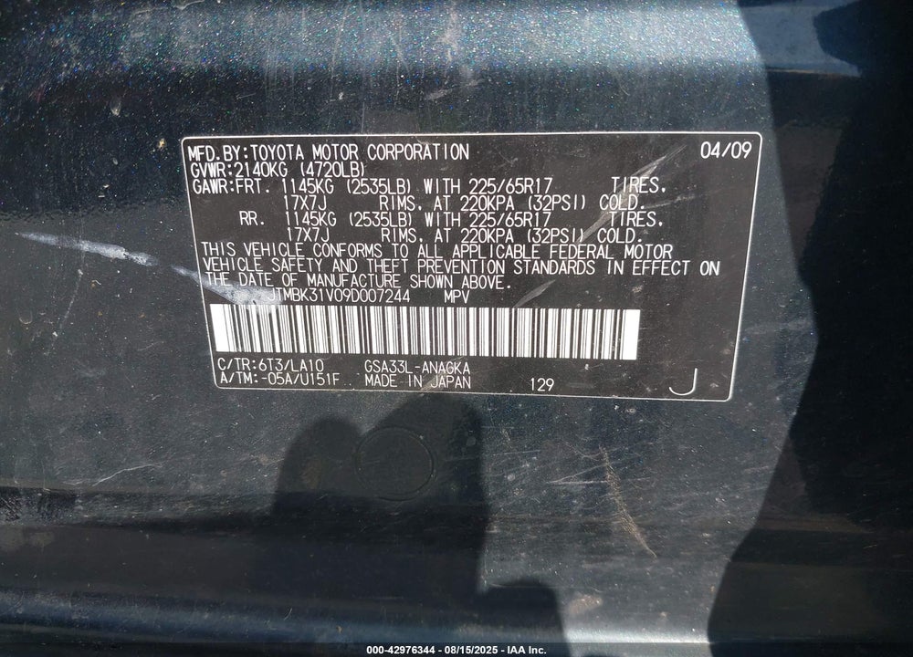 2009 TOYOTA RAV4 VIN: JTMBK31V09D007244