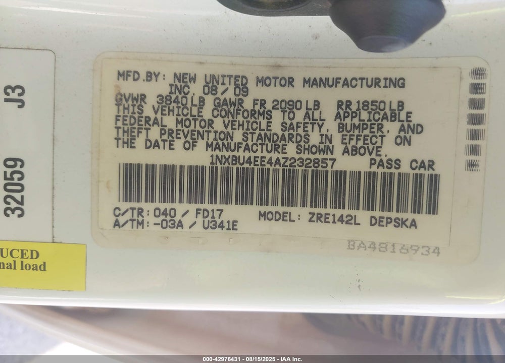 2010 TOYOTA COROLLA S VIN: 1NXBU4EE4AZ232857