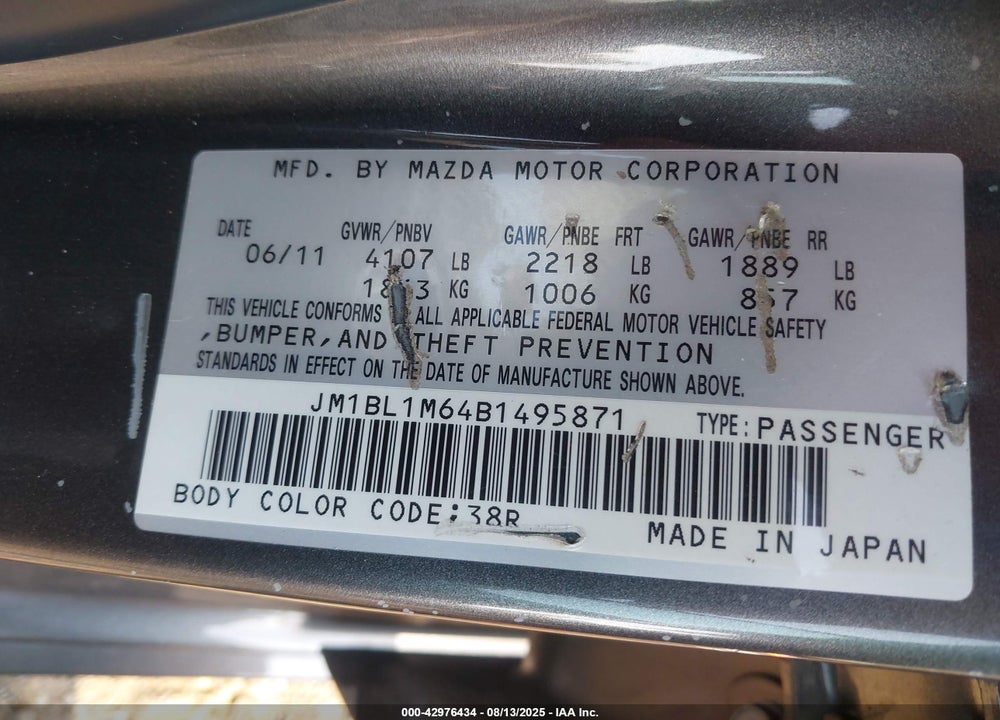 2011 MAZDA 3 VIN: JM1BL1M64B1495871