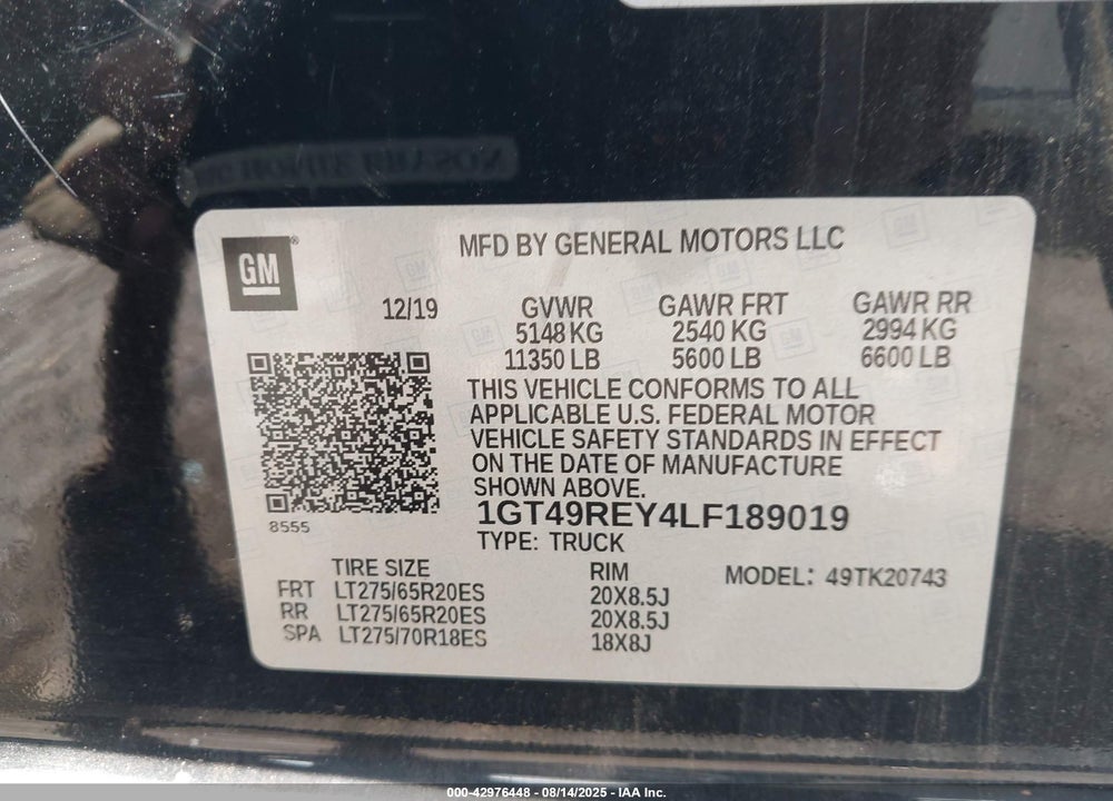 2020 GMC SIERRA 2500HD 4WD  STANDARD BED DENALI VIN: 1GT49REY4LF189019