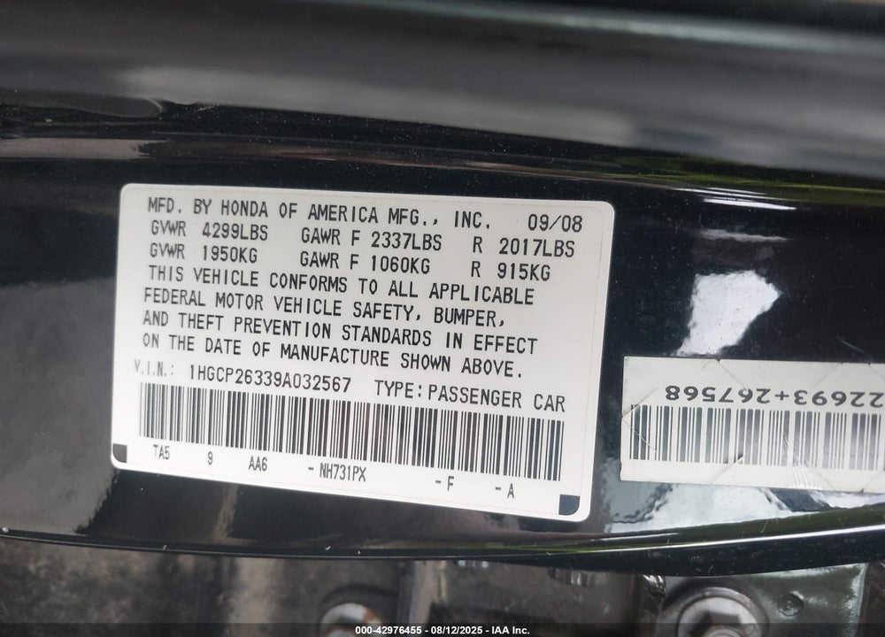 2009 HONDA ACCORD VIN: 1HGCP26339A032567