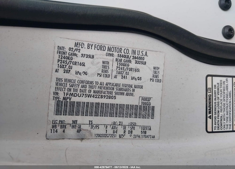 2002 FORD EXPLORER LIMITED VIN: 1FMDU75W42ZB92805