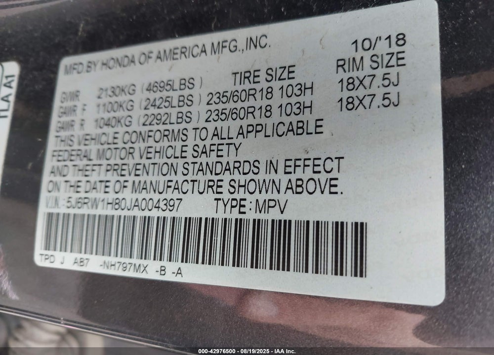 2018 HONDA CR-V VIN: 5J6RW1H80JA004397