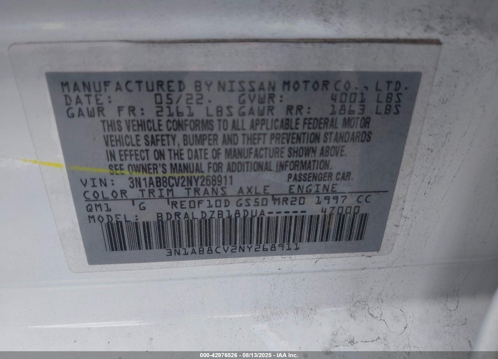 2022 NISSAN SENTRA VIN: 3N1AB8CV2NY268911
