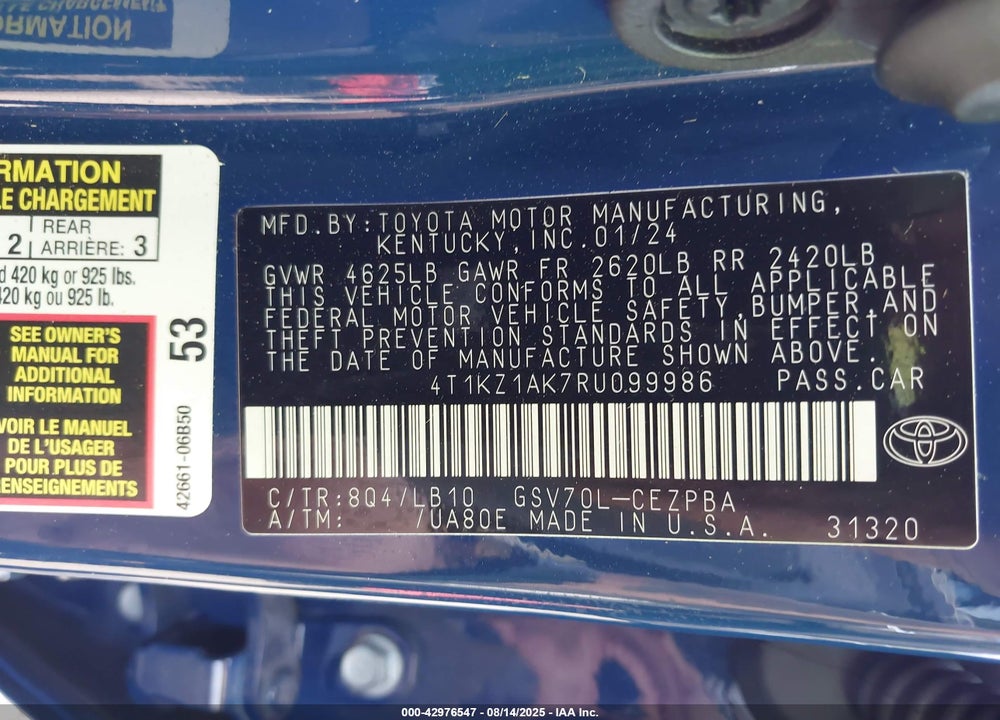 2024 TOYOTA CAMRY VIN: 4T1KZ1AK7RU099986